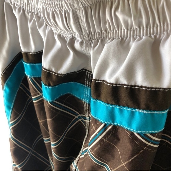 OP Board Shorts Swim Trunks Men L 36 38 Brown White Teal Plaid Mesh Lining - Picture 6 of 9
